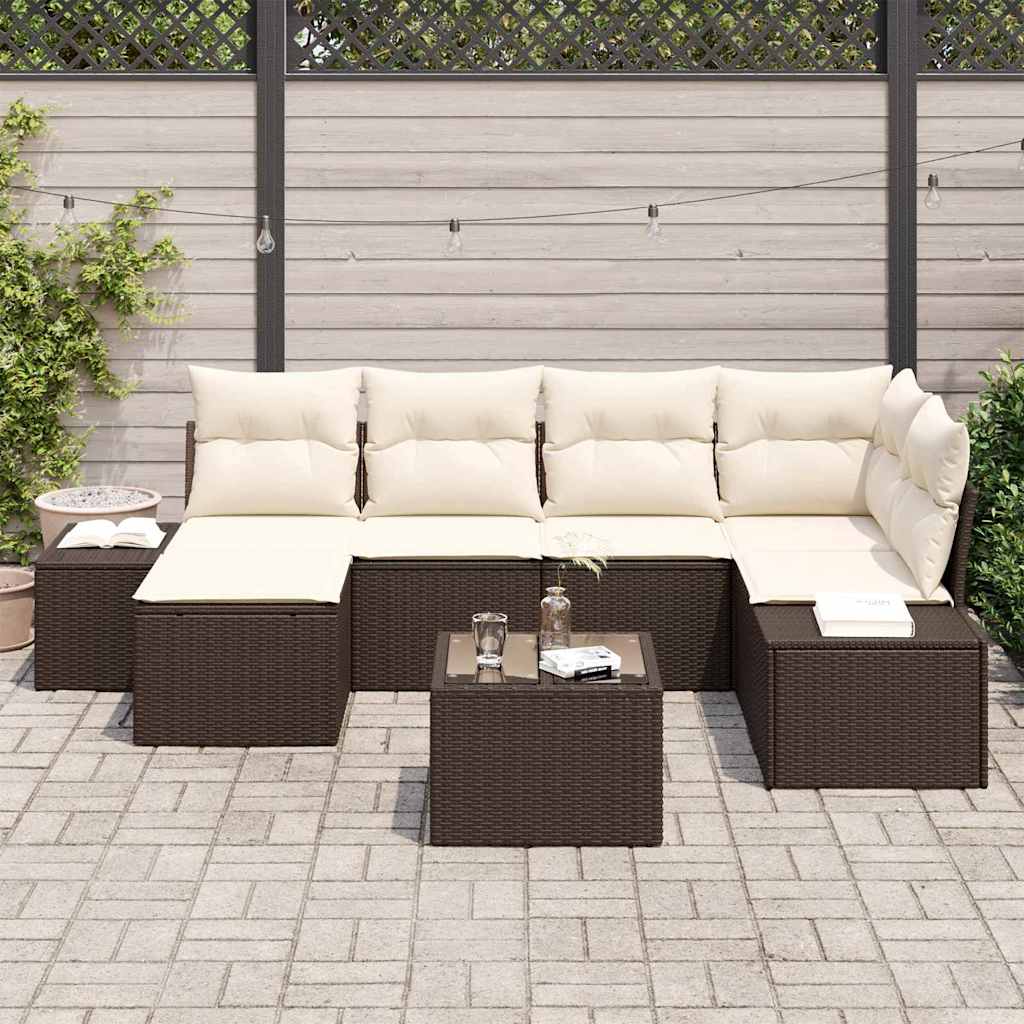 Conjunto de sofá de jardín 7 pcs Marrón y crema ratán sintético