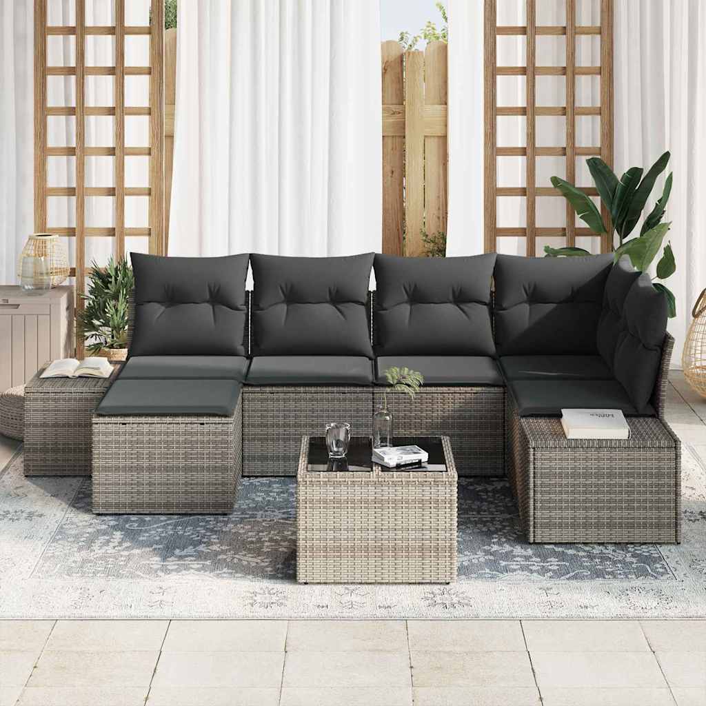 Conjunto de sofá de jardín con cojín 7 pcs Gris ratán sintético