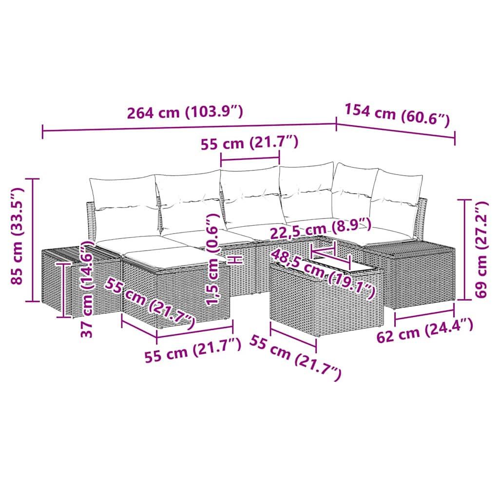 Conjunto de sofá de jardín con cojín 7 pcs Gris ratán sintético