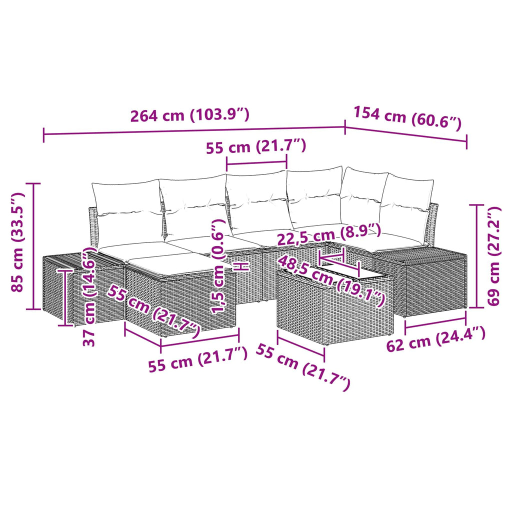 Conjunto de sofá de jardín 7 pcs Marrón ratán sintético