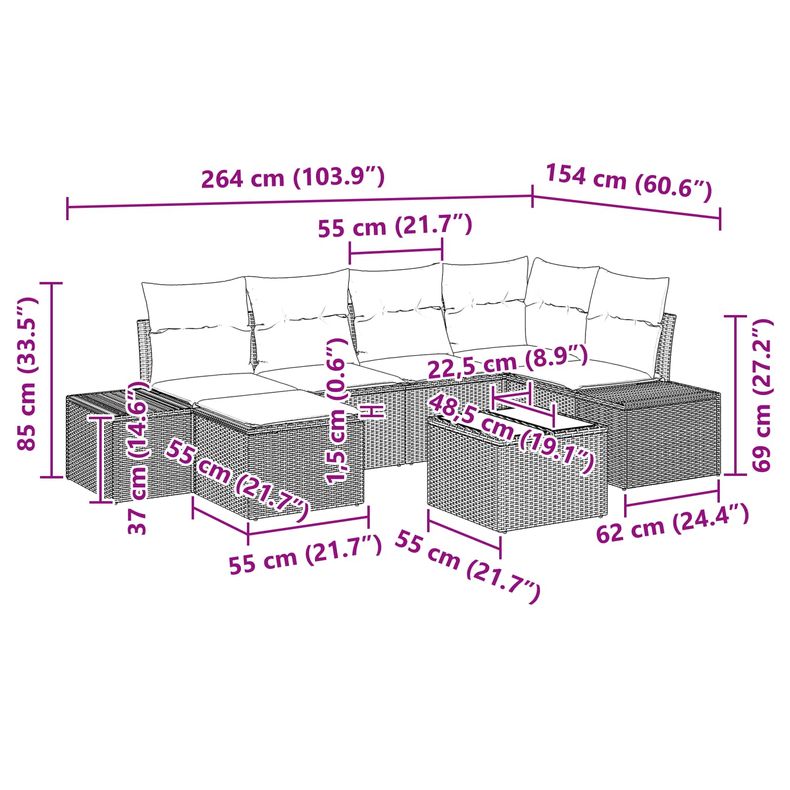 Conjunto de sofá de jardín 7 pcs Marrón ratán sintético