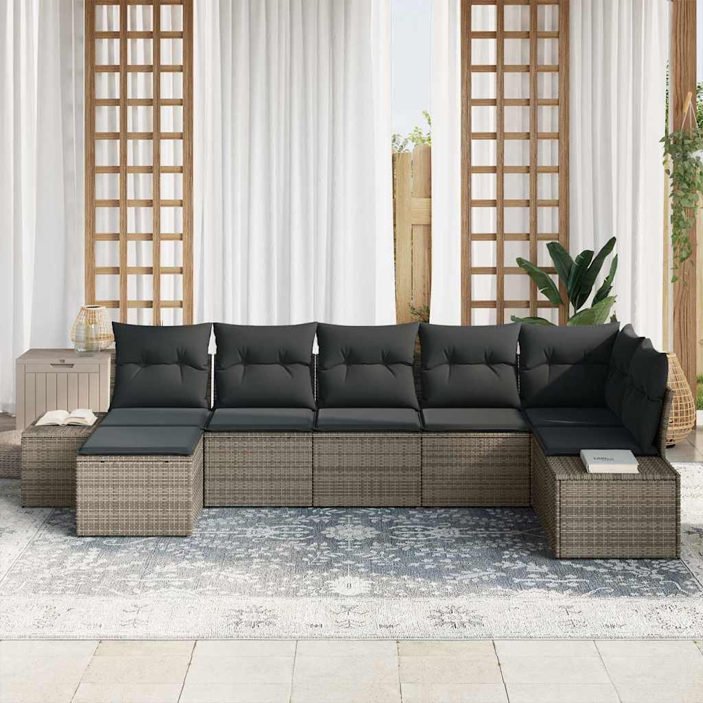 Conjunto de sofá de jardín con cojín 7 pcs Gris ratán sintético