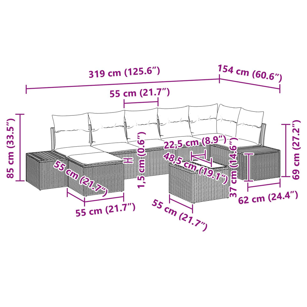 Conjunto de sofá de jardín 8 pcs Marrón ratán sintético