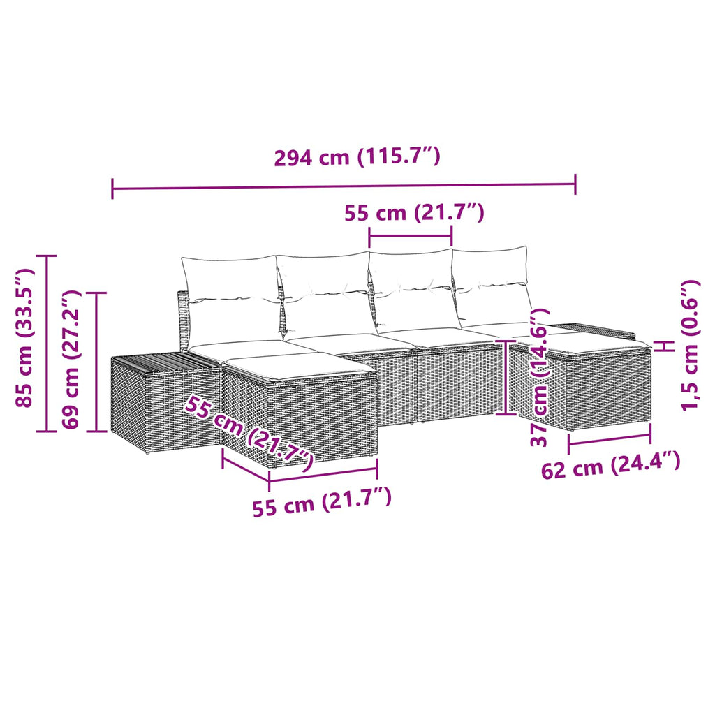 Conjunto de sofá de jardín 6 pcs Marrón ratán sintético