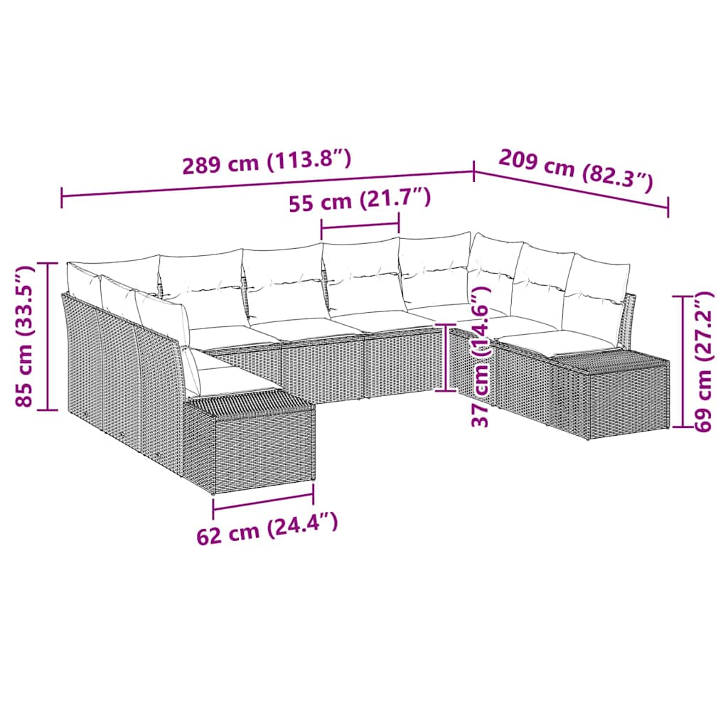 Conjunto de sofá de jardín con cojín 9 pcs Gris ratán sintético