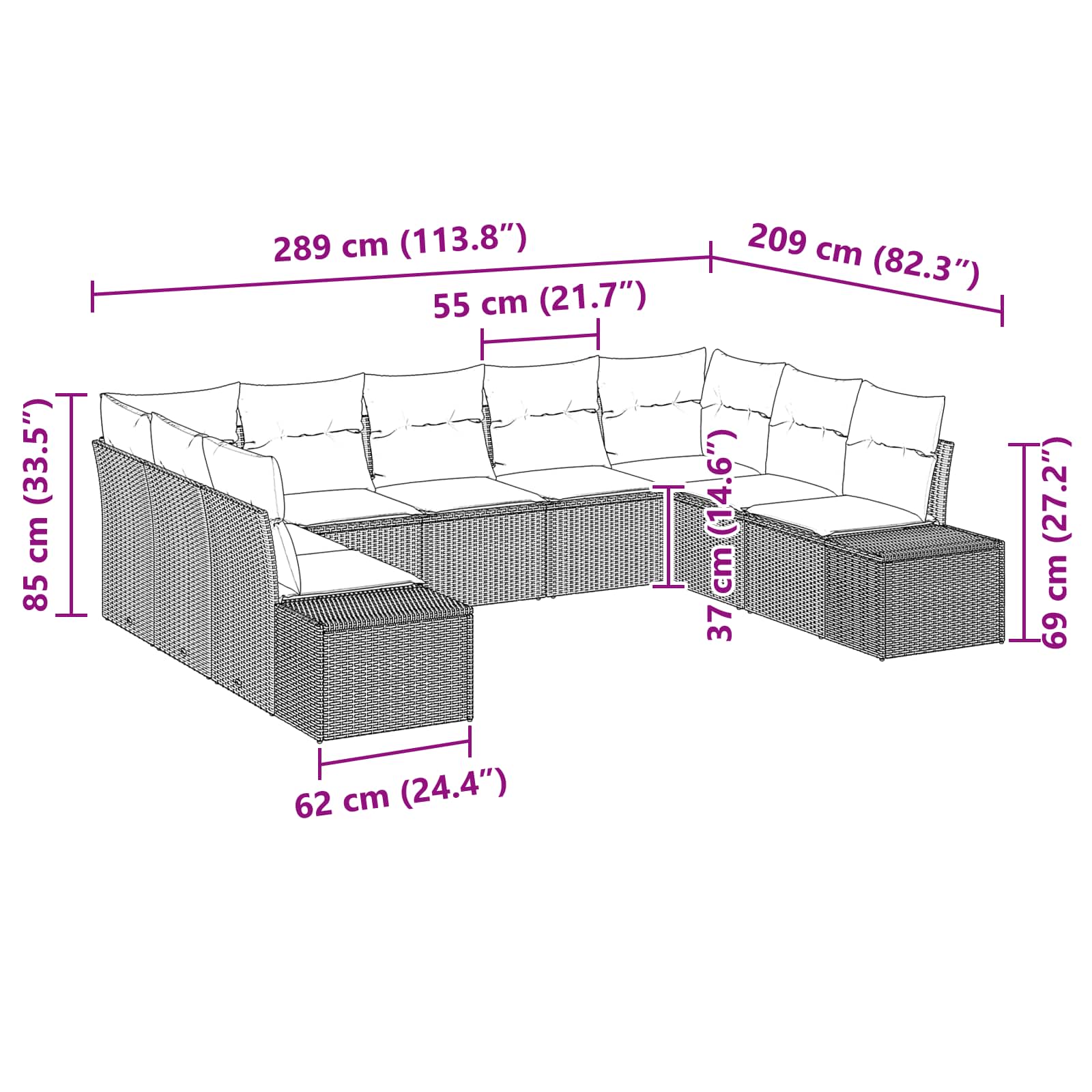 Conjunto de sofá de jardín 9 pcs Marrón ratán sintético