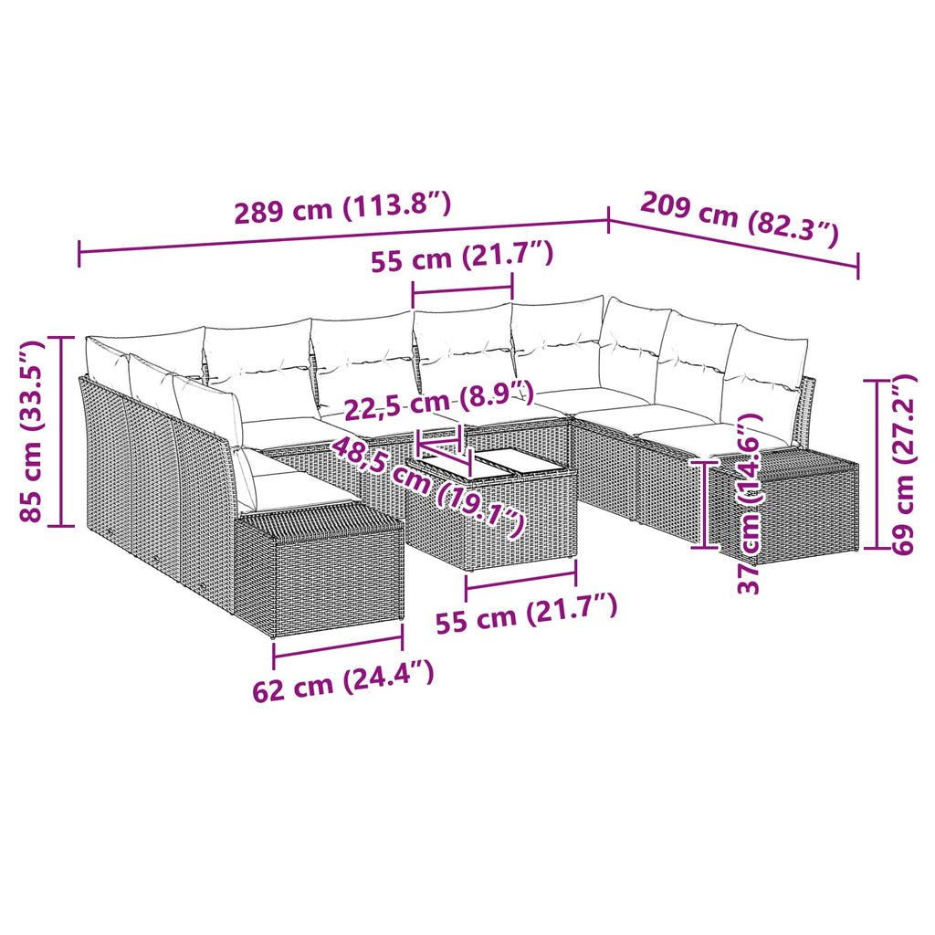 Conjunto de sofá de jardín 10 pcs Marrón ratán sintético