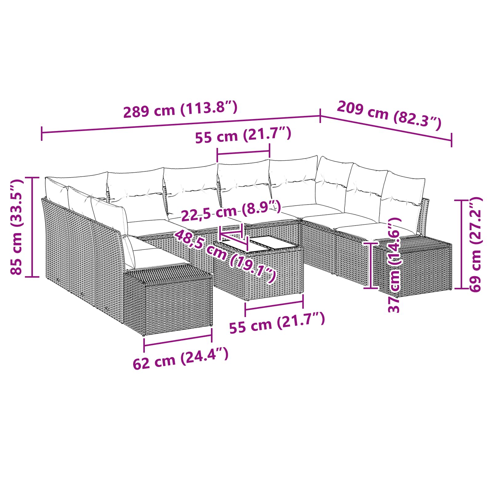Conjunto de sofá de jardín 10 pcs Marrón ratán sintético