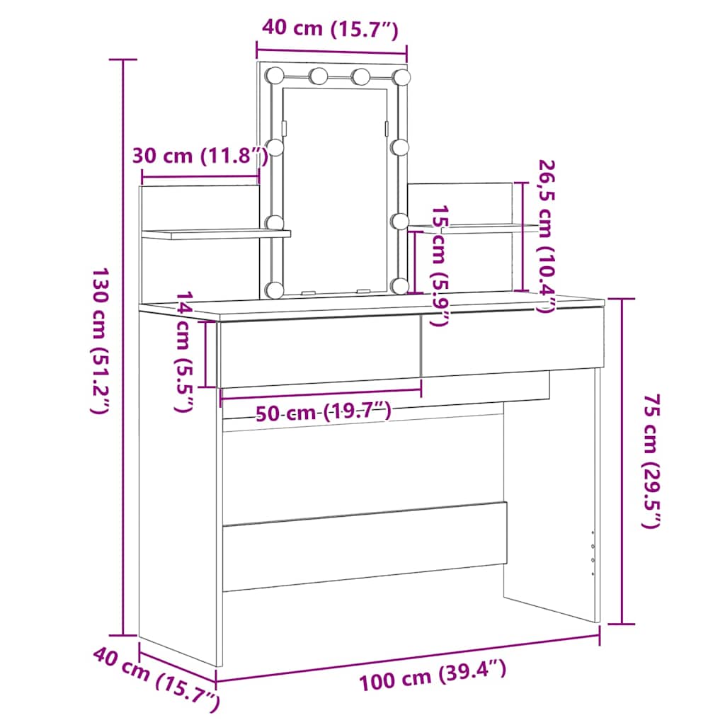 Mesa Tocador con cajón Roble artesanal 100 x 40 x 130 cm