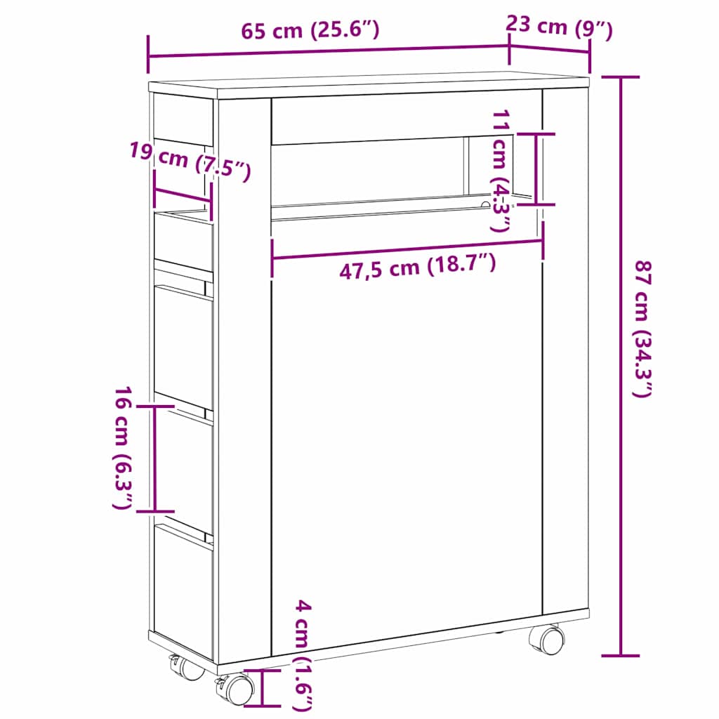 Juego de muebles de baño con rueda Roble Negro 65 x 23 x 87 cm
