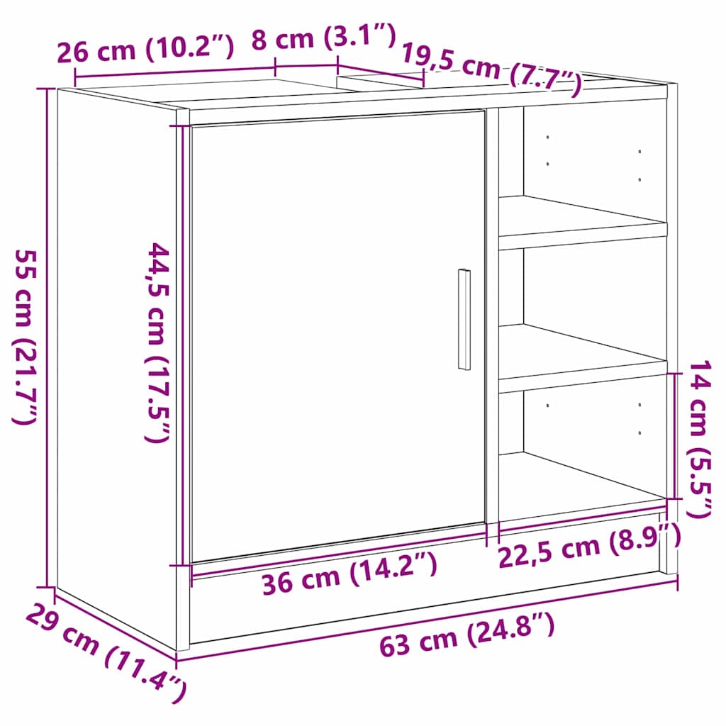 Mueble de Cuarto de Baño con puerta Roble Negro 63 x 29 x 55 cm