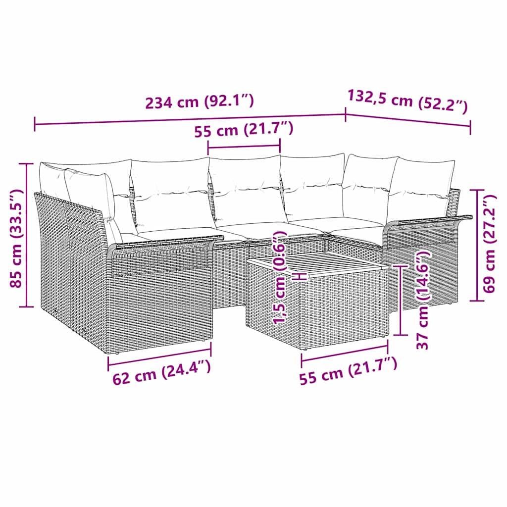 Conjunto de sofás de jardín 7 pcs Negro ratán sintético