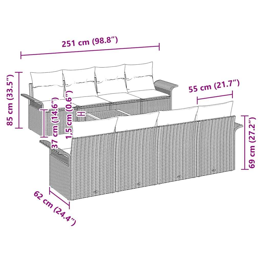 Conjunto de sofás de jardín 9 pcs Negro ratán sintético