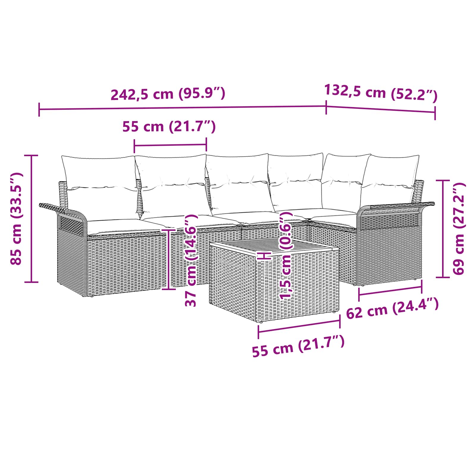 Conjunto de sofás de jardín 6 pcs Negro ratán sintético
