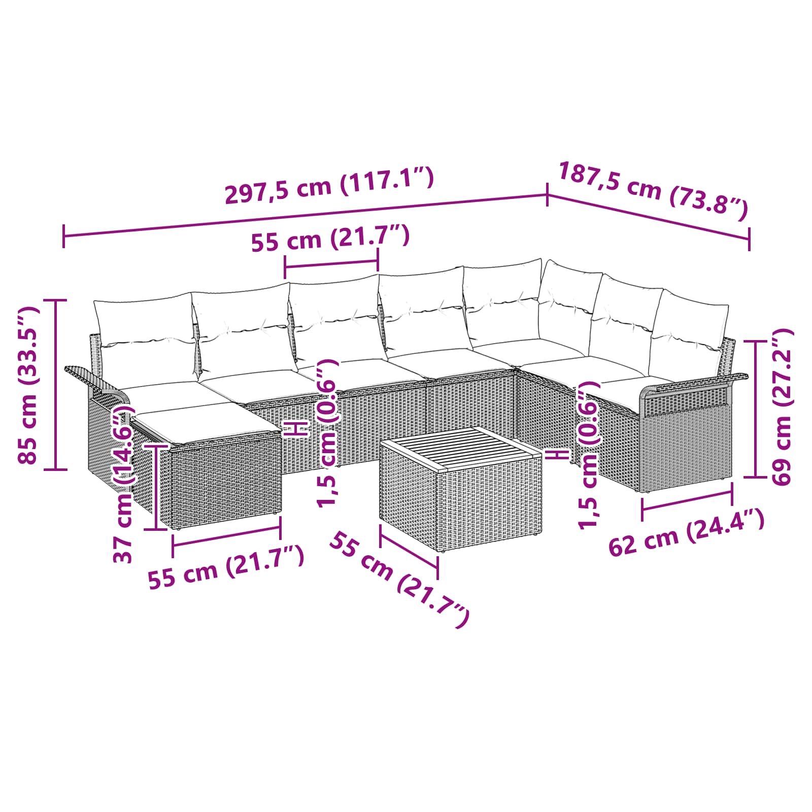 Conjunto de sofás de jardín 9 pcs Gris ratán sintético