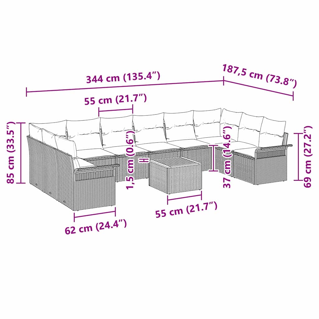 Conjunto de sofás de jardín 11 pcs Negro ratán sintético