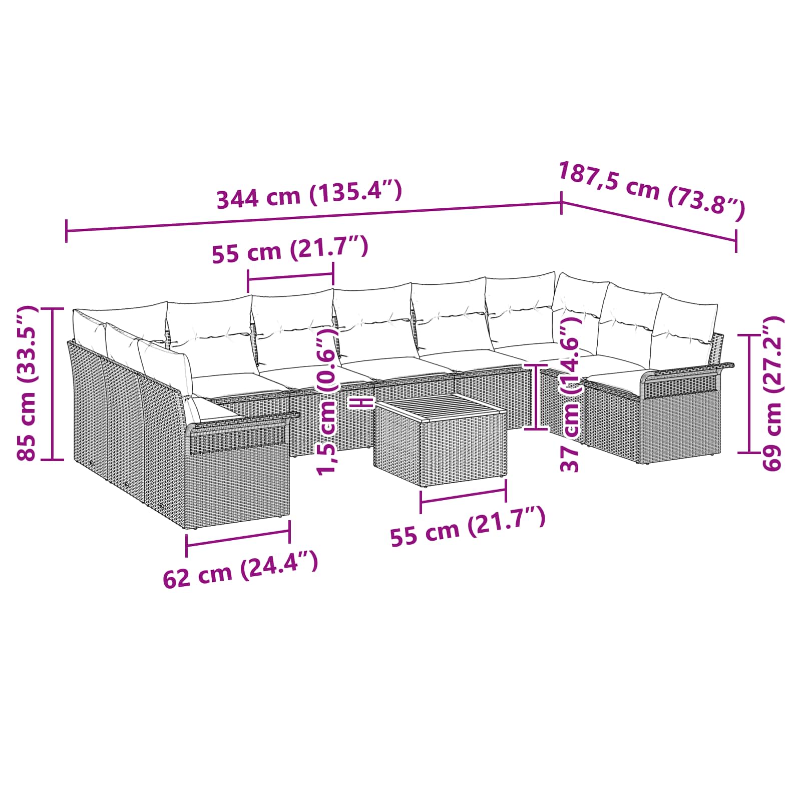 Conjunto de sofás de jardín 11 pcs Gris ratán sintético