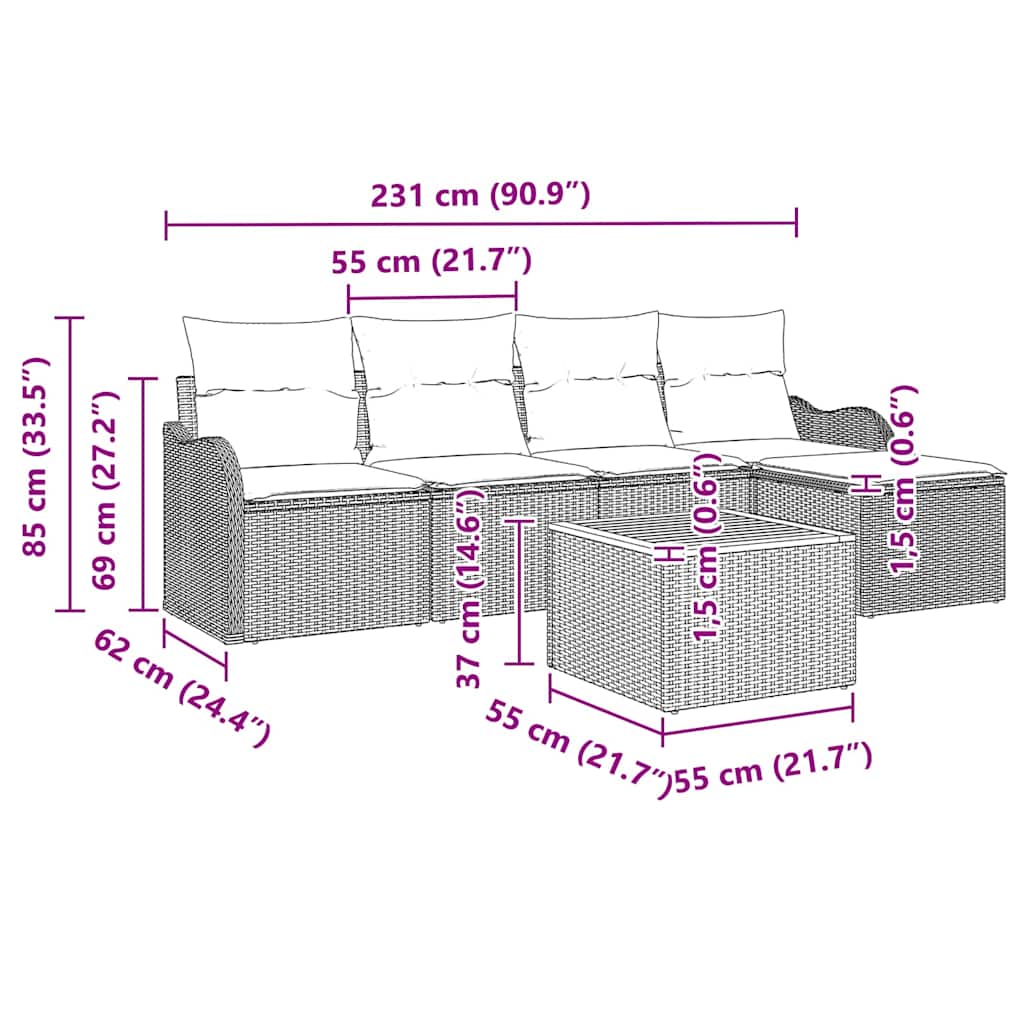 Conjunto de sofás de jardín 6 pcs Beige ratán sintético