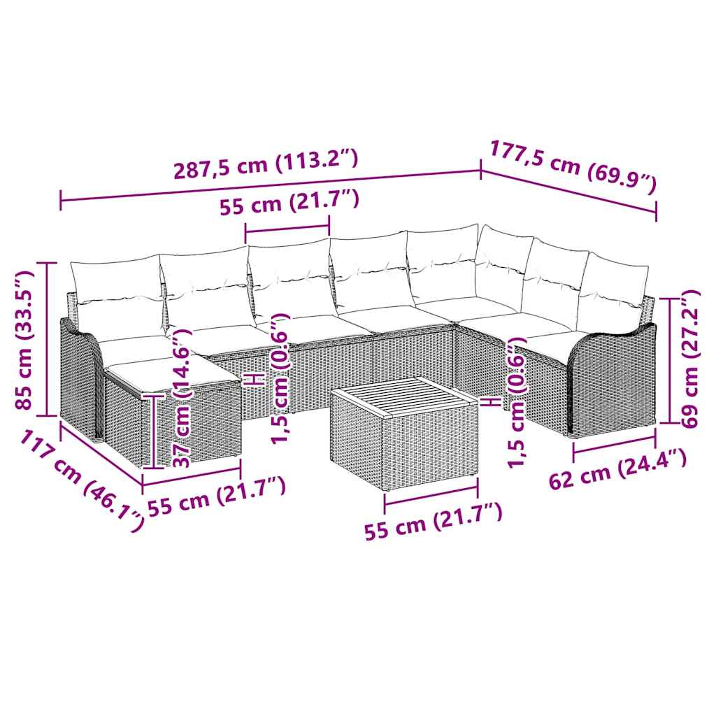 Conjunto de sofás de jardín 9 pcs Beige ratán sintético