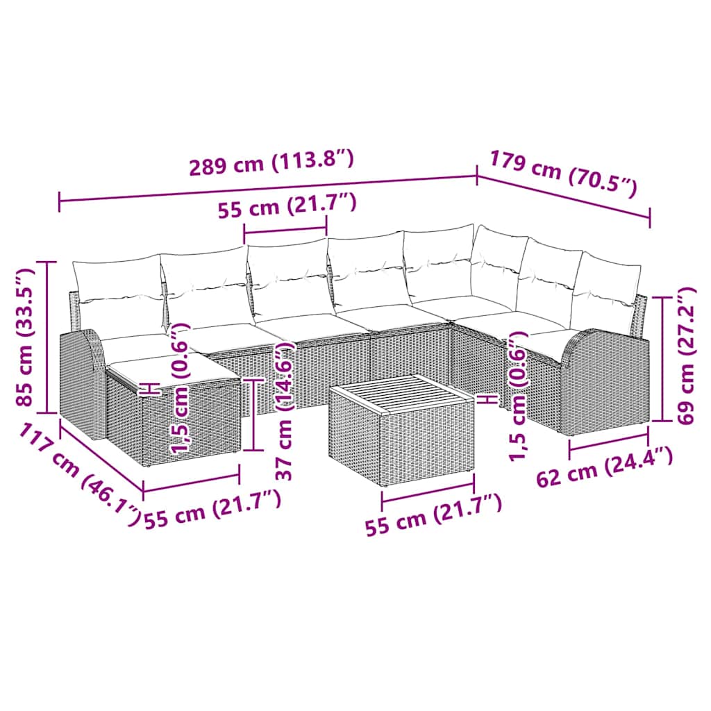 Conjunto de sofás de jardín 9 pcs Gris ratán sintético