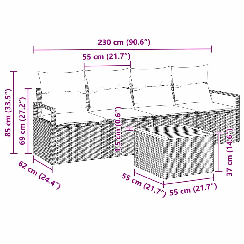 Conjunto de sofás de jardín 5 pcs Negro ratán sintético