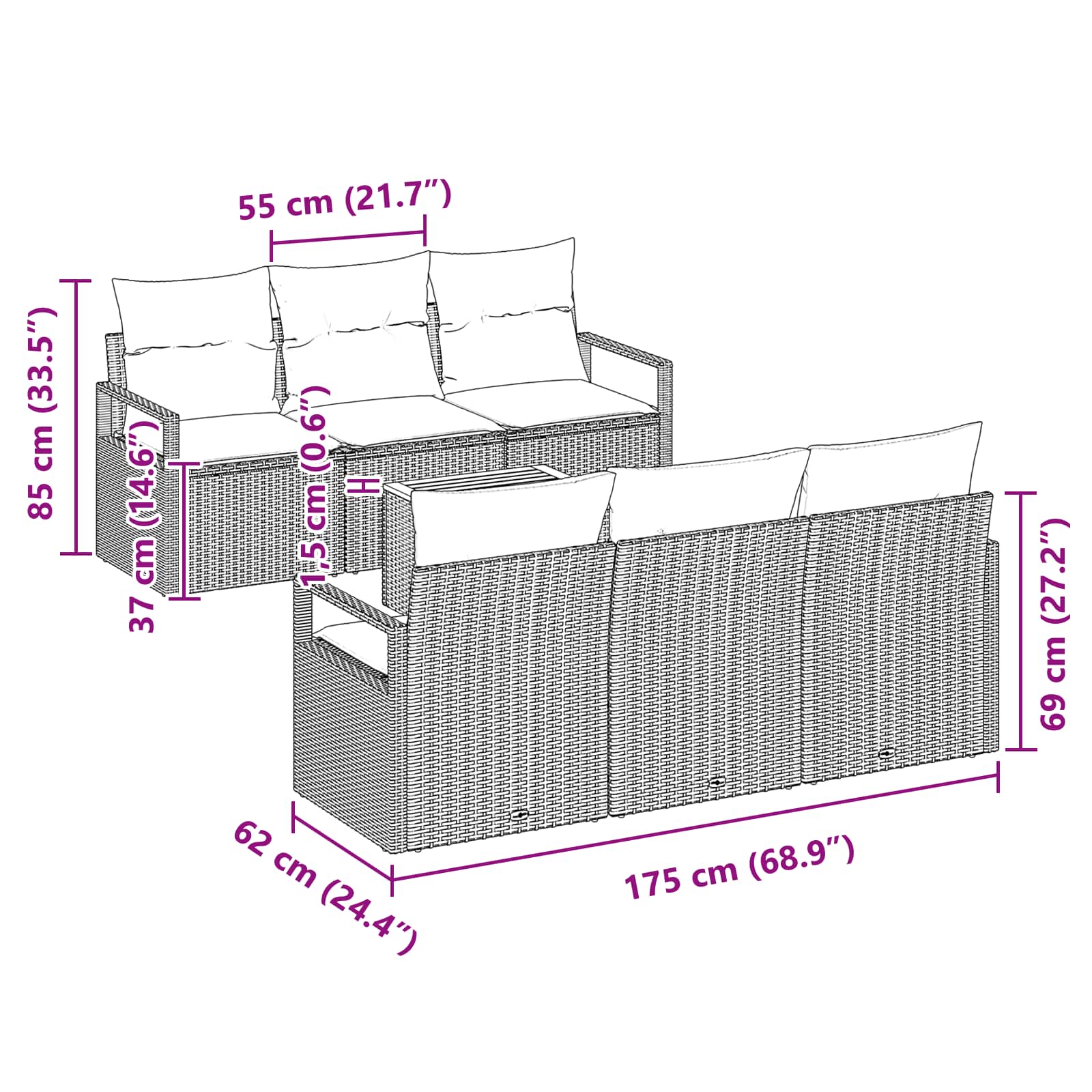 Conjunto de sofás de jardín 7 pcs Gris ratán sintético