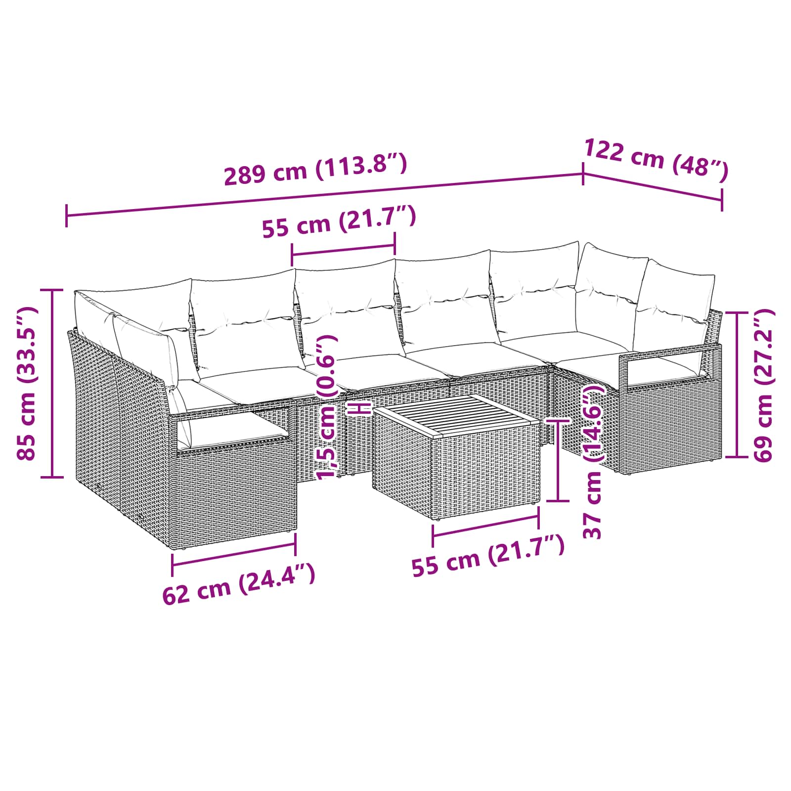 Conjunto de sofás de jardín 8 pcs Negro ratán sintético