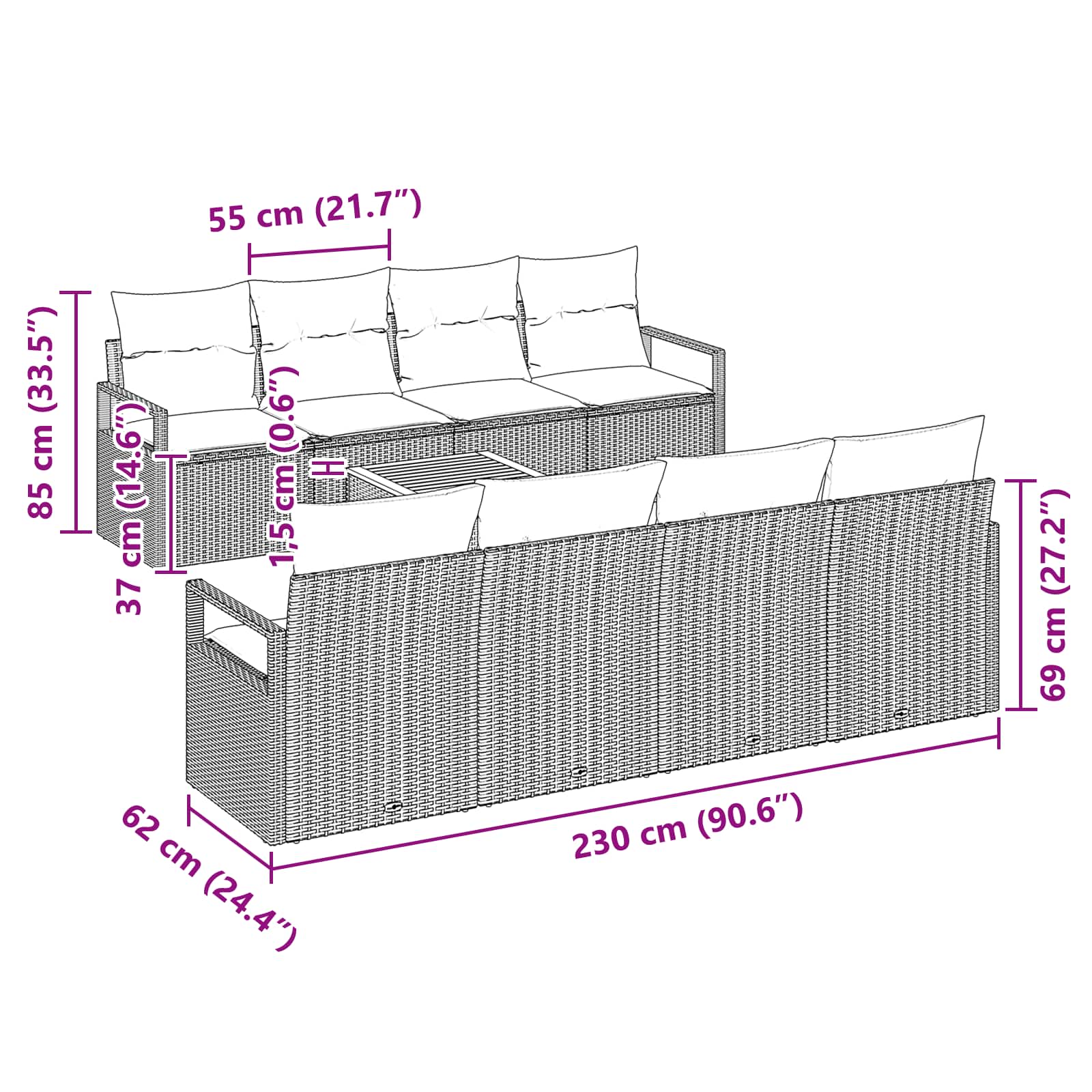 Conjunto de sofás de jardín 9 pcs Gris ratán sintético