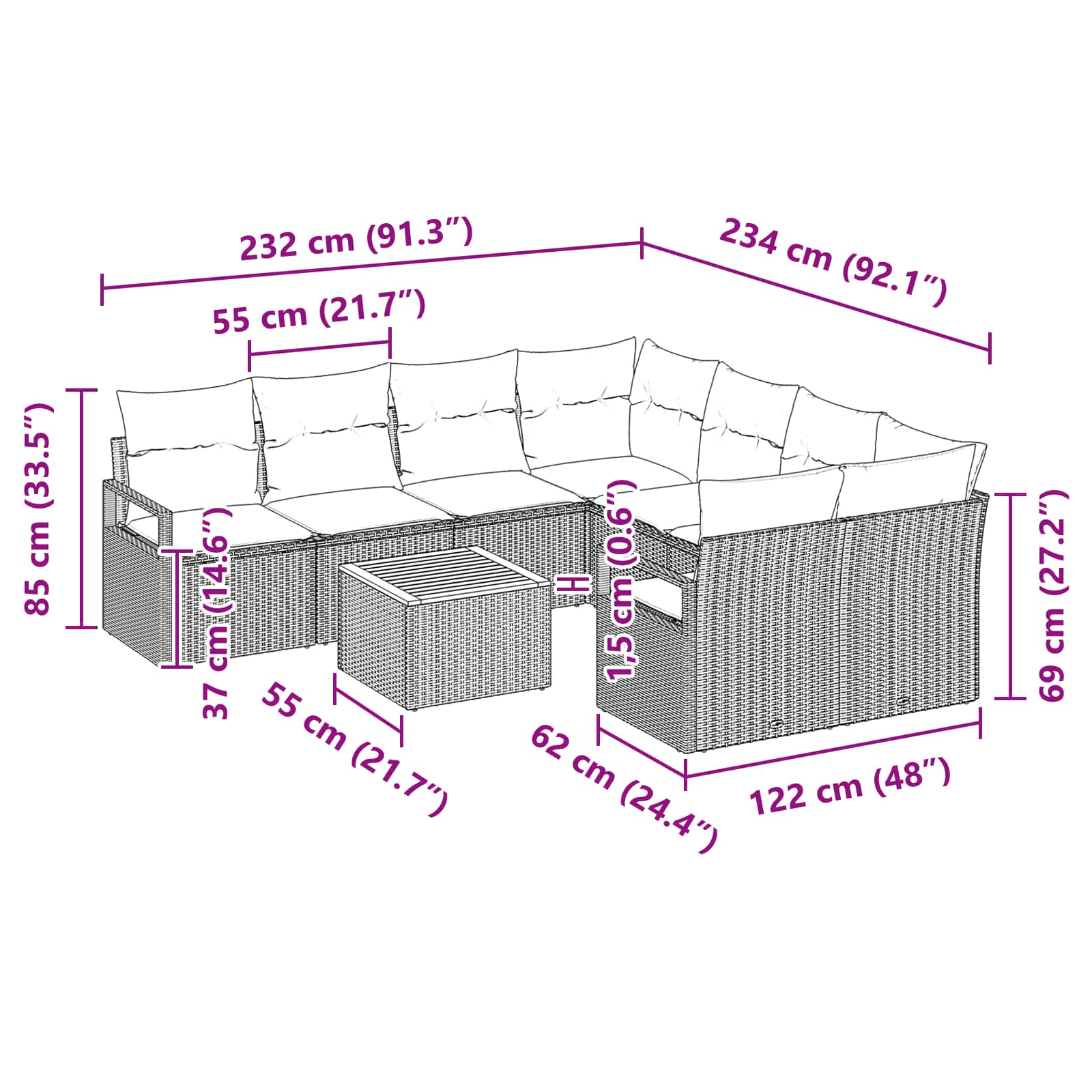 Conjunto de sofás de jardín 9 pcs Gris ratán sintético