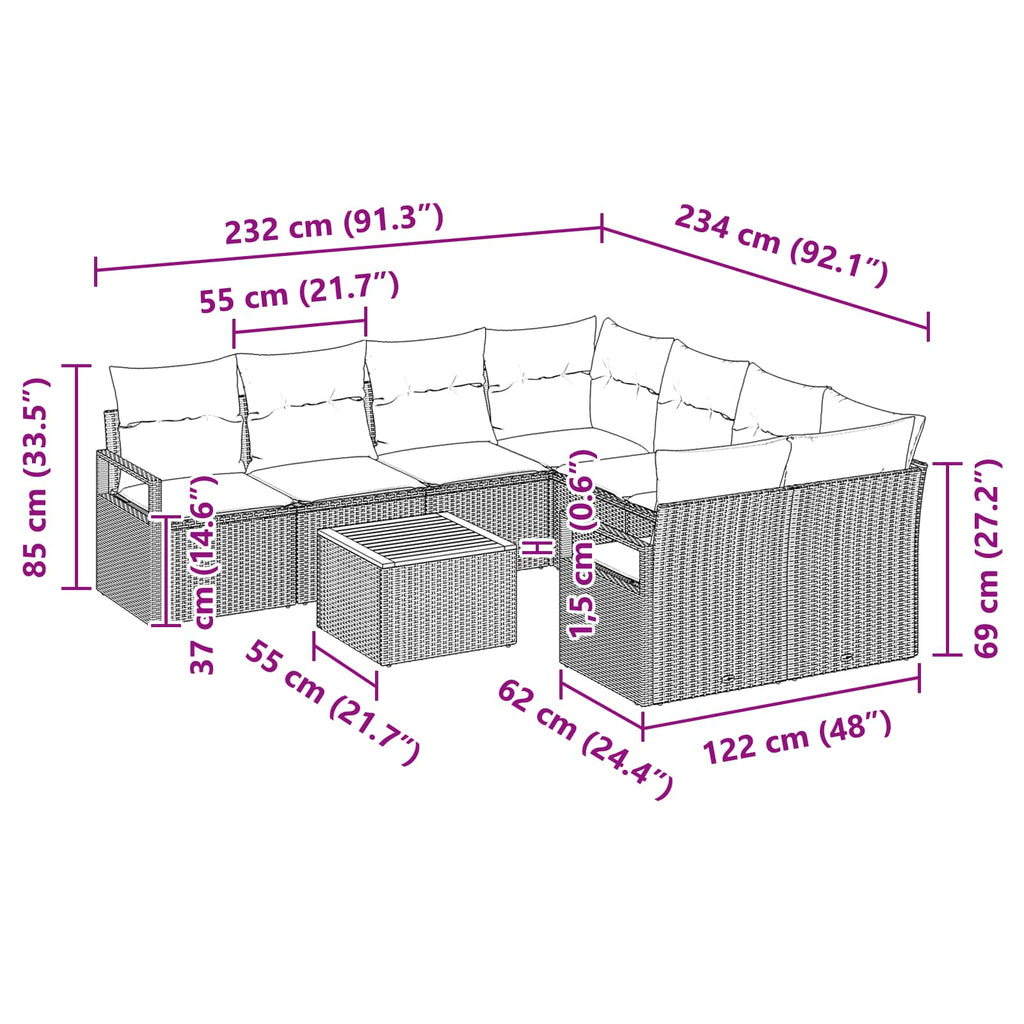 Conjunto de sofás de jardín 9 pcs Negro ratán sintético