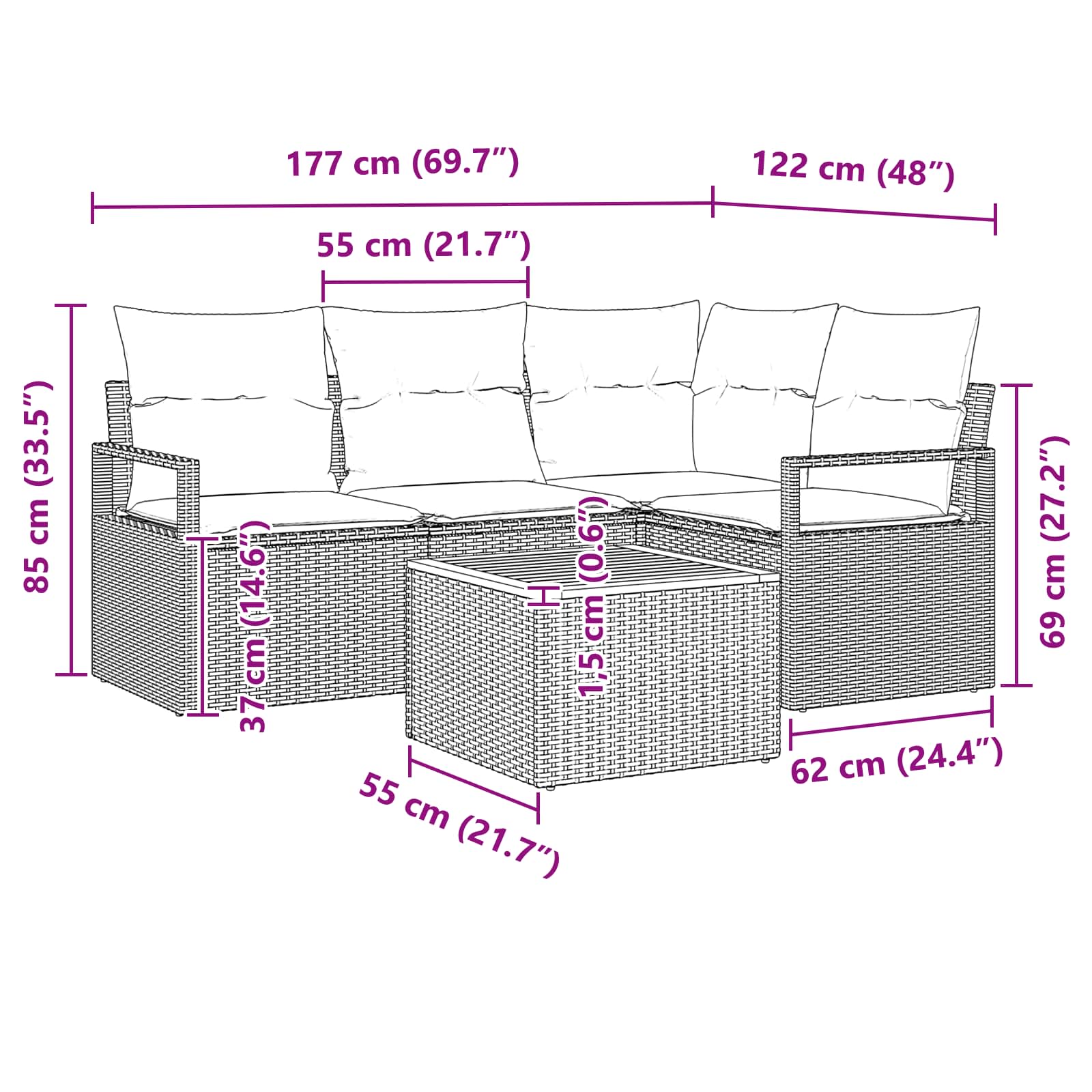 Conjunto de sofás de jardín 5 pcs Negro ratán sintético