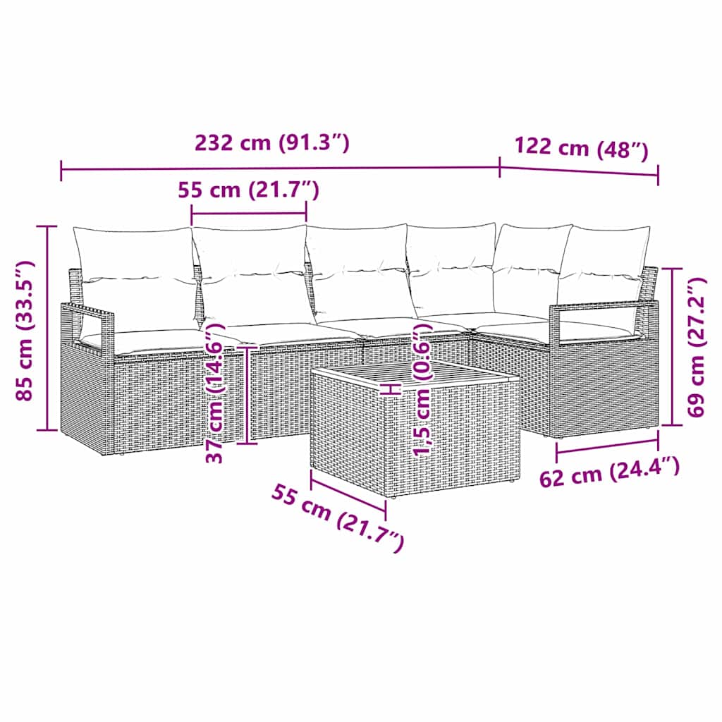 Conjunto de sofás de jardín 6 pcs Gris ratán sintético