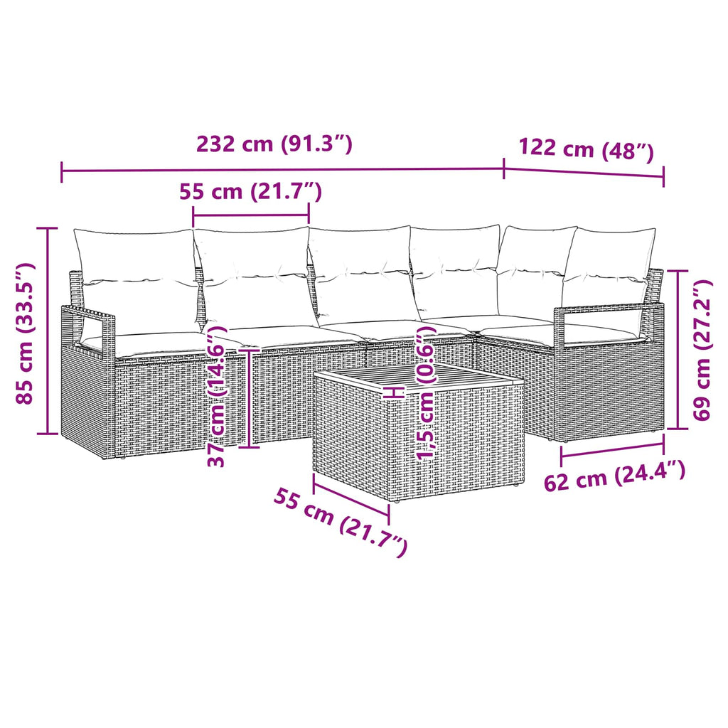 Conjunto de sofás de jardín 6 pcs Gris ratán sintético