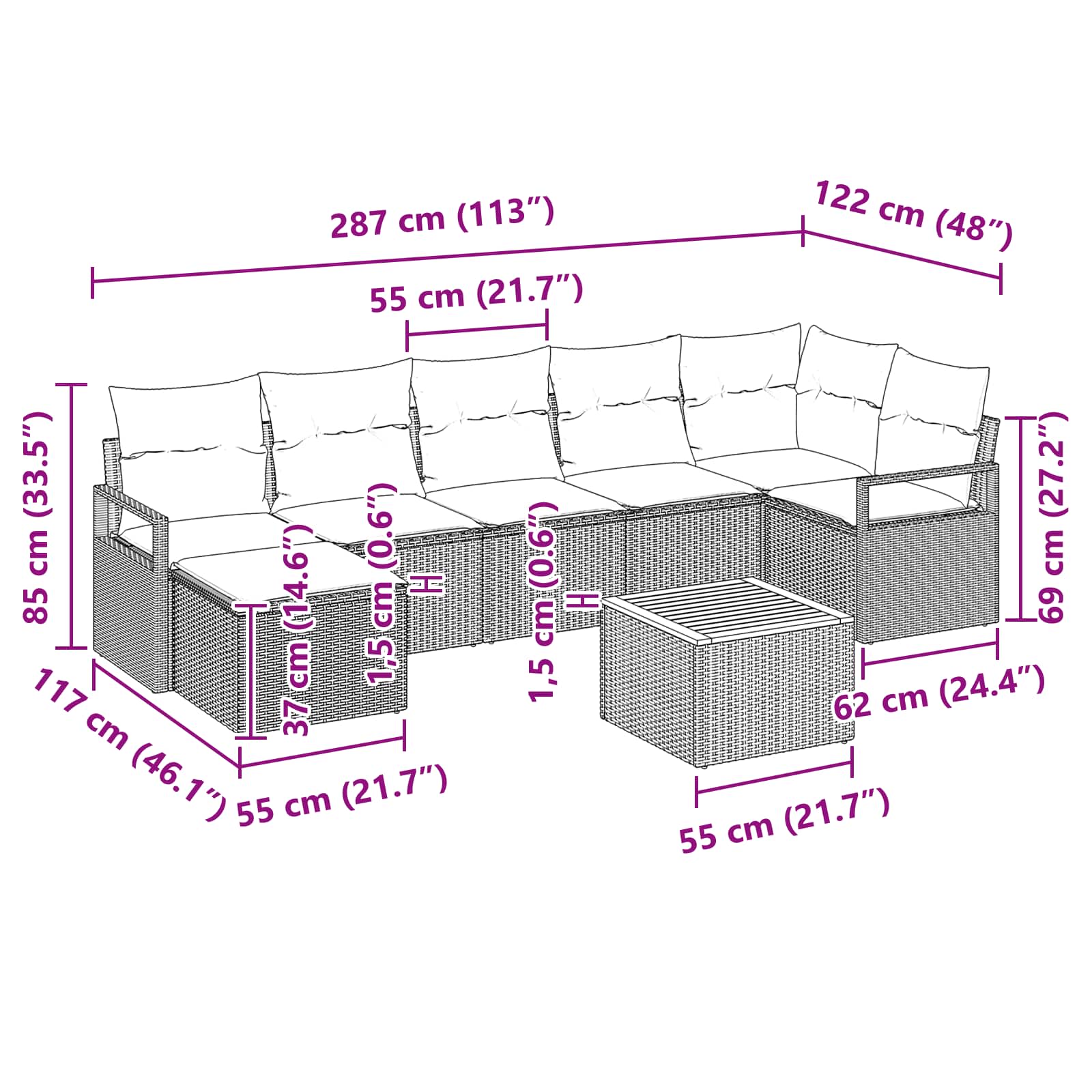 Conjunto de sofás de jardín 8 pcs Gris ratán sintético