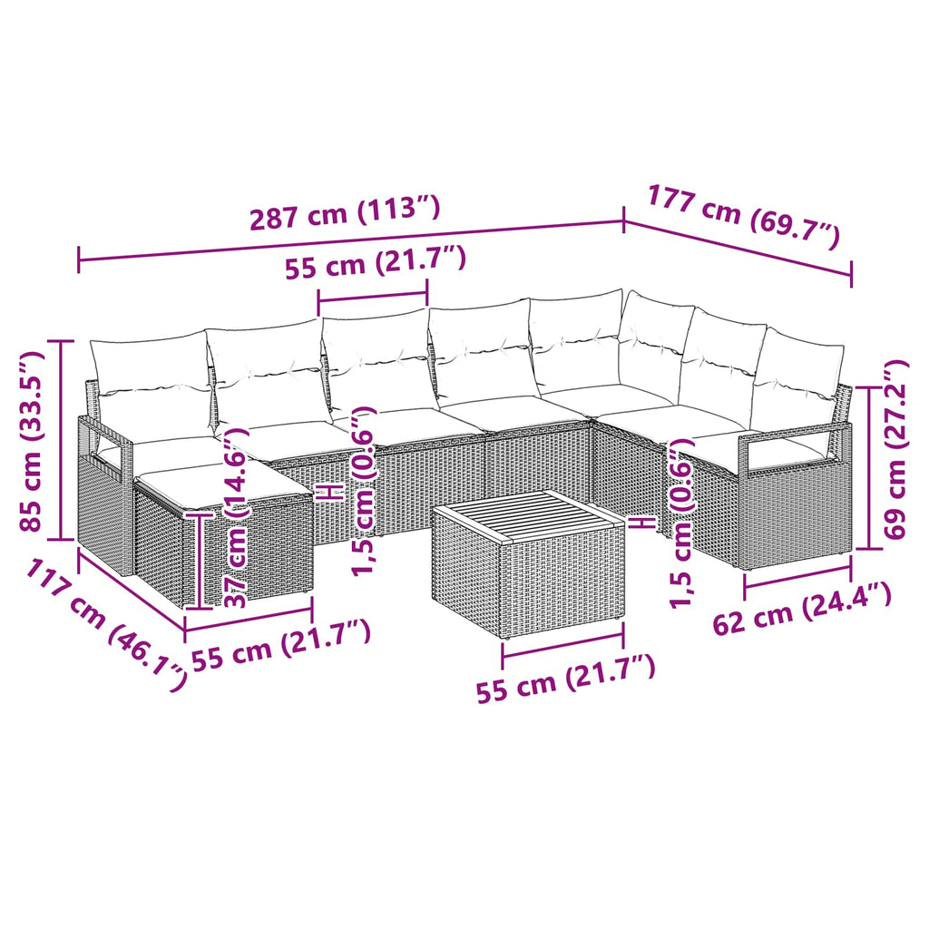 Conjunto de sofás de jardín 9 pcs Negro ratán sintético