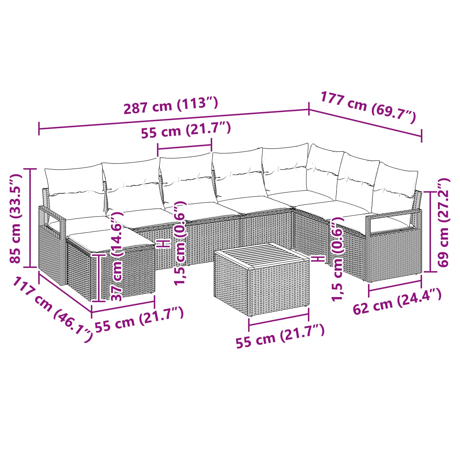 Conjunto de sofás de jardín 9 pcs Negro ratán sintético