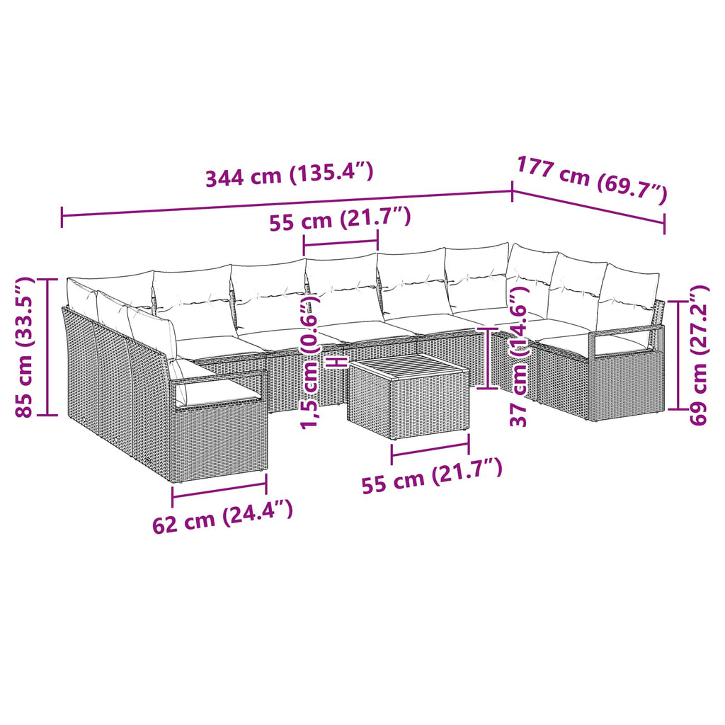 Conjunto de sofás de jardín 11 pcs Gris ratán sintético