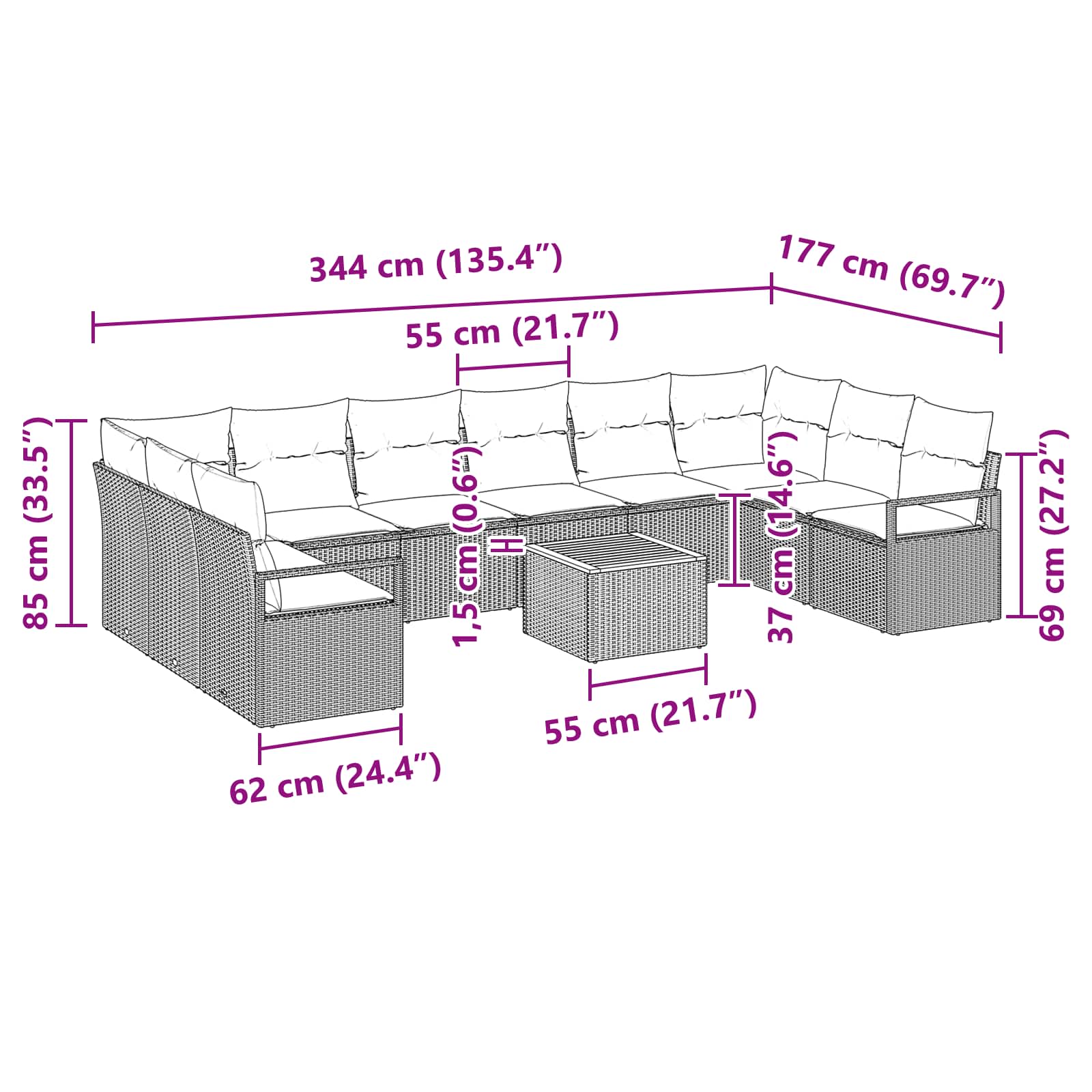Conjunto de sofás de jardín 11 pcs Negro ratán sintético