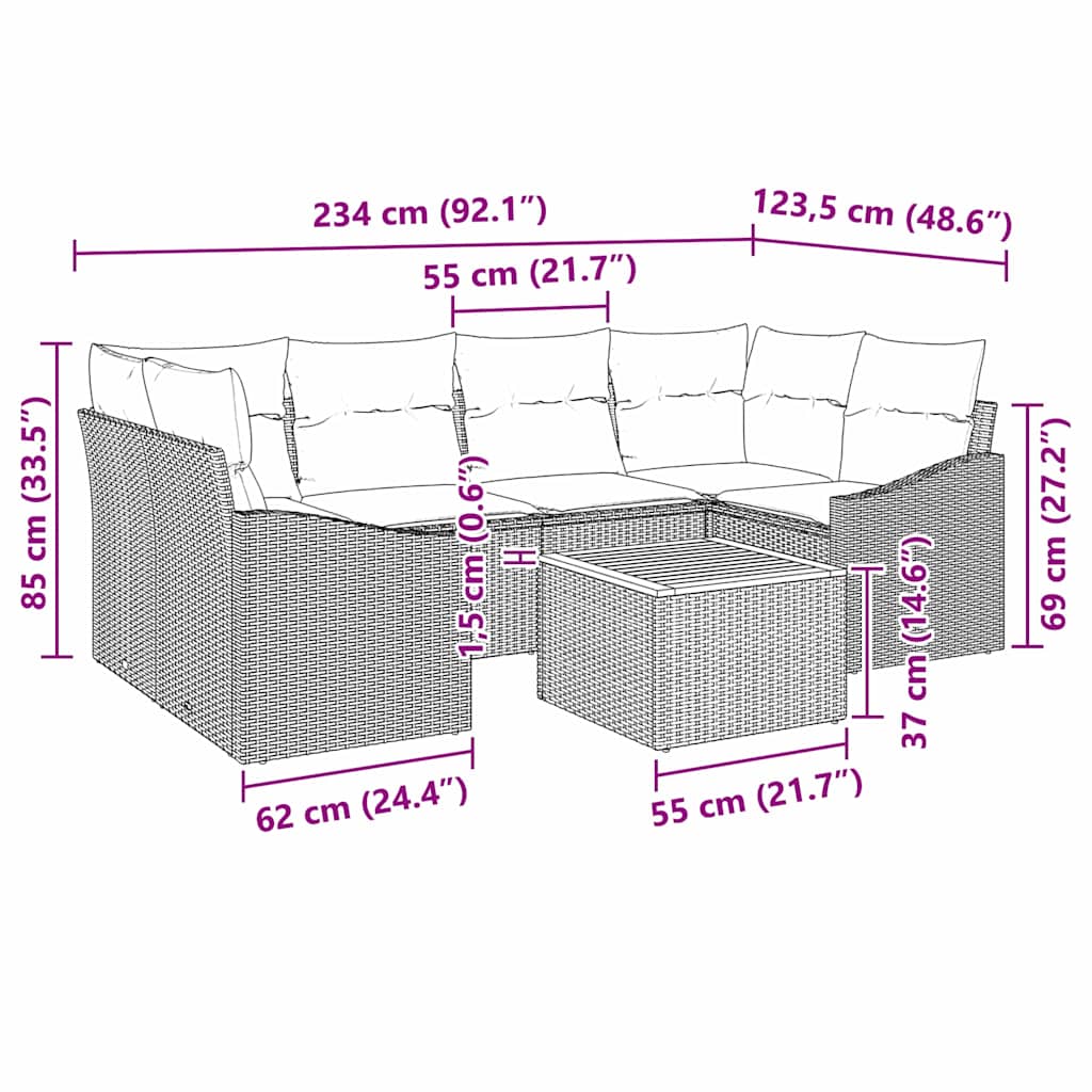 Conjunto de sofás de jardín 7 pcs Negro ratán sintético