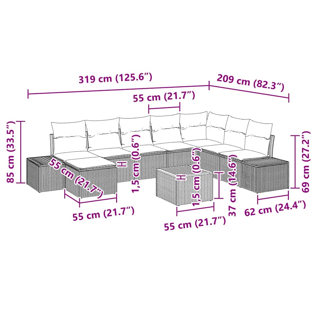 Conjunto de sofás de jardín 9 pcs Beige ratán sintético