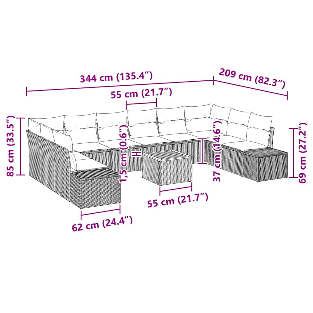 Conjunto de sofás de jardín 11 pcs Beige ratán sintético