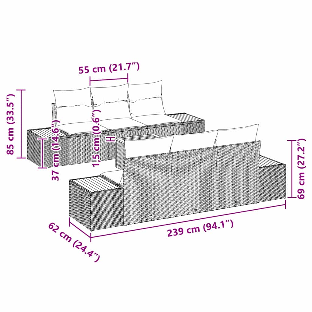 Conjunto de sofás de jardín con cojín 7 pcs Beige Poliratán
