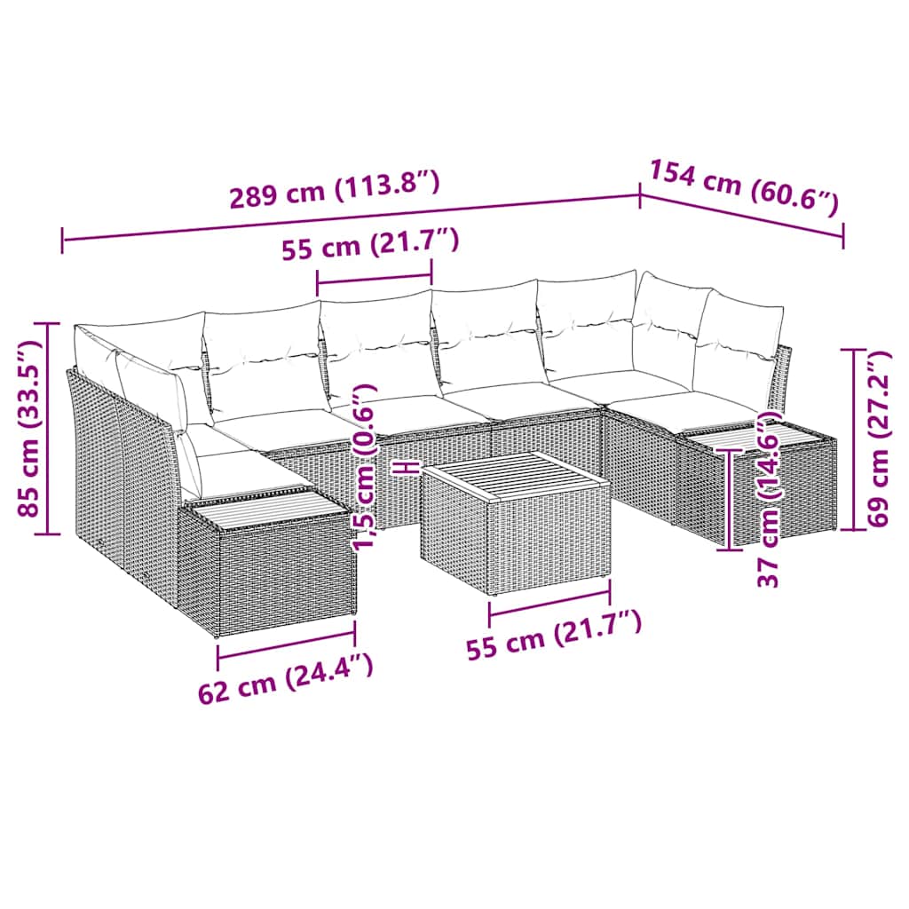 Conjunto de sofás de jardín con cojín 8 pcs Beige Poliratán