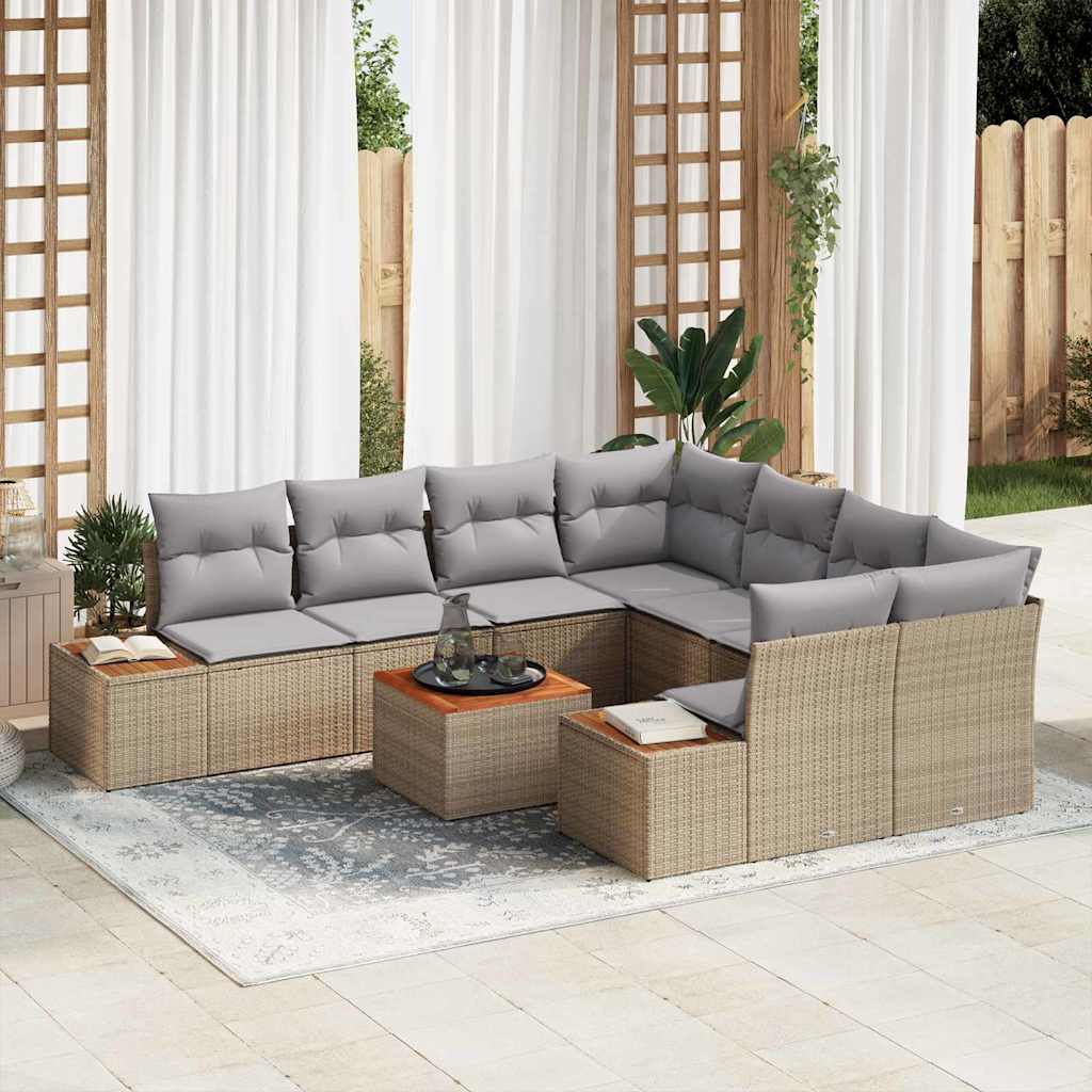 Conjunto de sofás de jardín con cojín 9 pcs Beige Poliratán