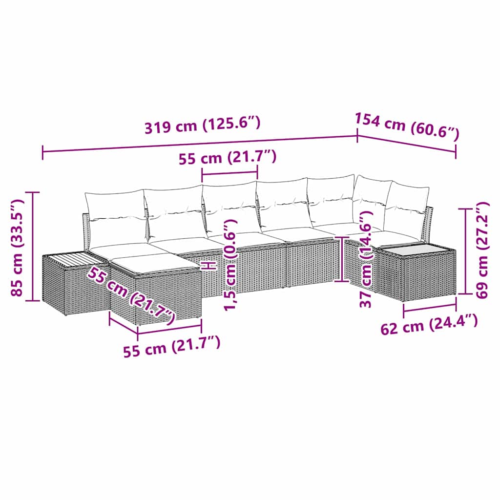 Conjunto de sofá de jardín 7 pcs Negro ratán sintético