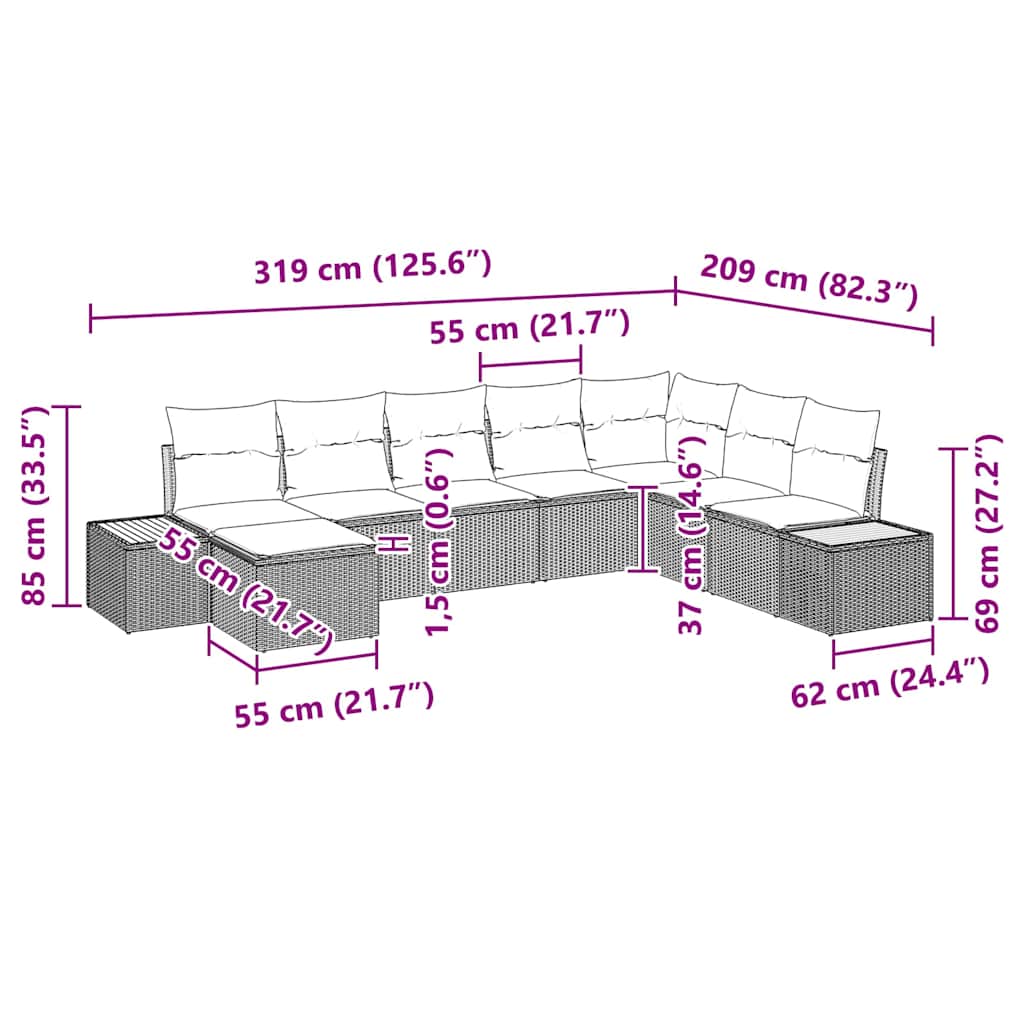 Conjunto de sofás de jardín con cojín 8 pcs Beige Poliratán