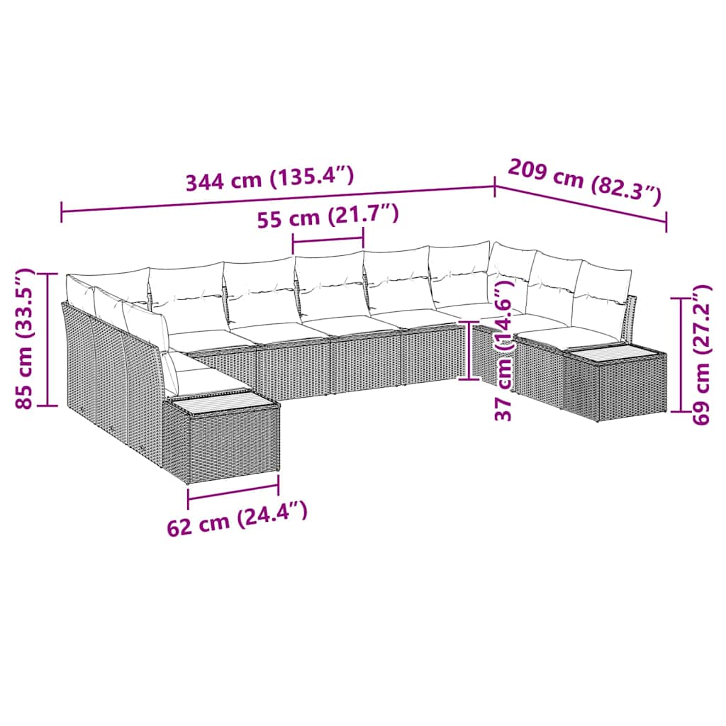 Conjunto de sofás de jardín con cojín 10 pcs Gris Poliratán