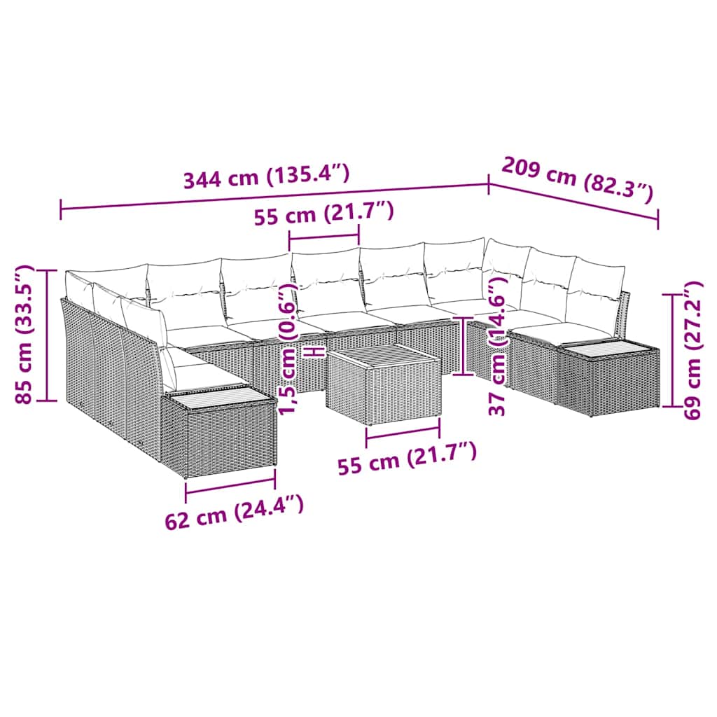 Conjunto de sofás de jardín con cojín 11 pcs Negro Poliratán