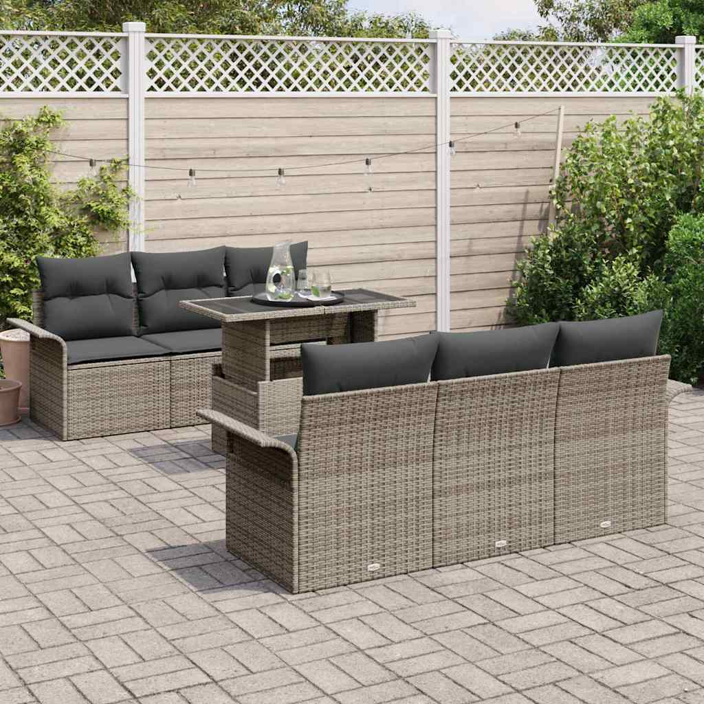 Conjunto de sofá de jardín con cojín 7 pcs Gris ratán sintético