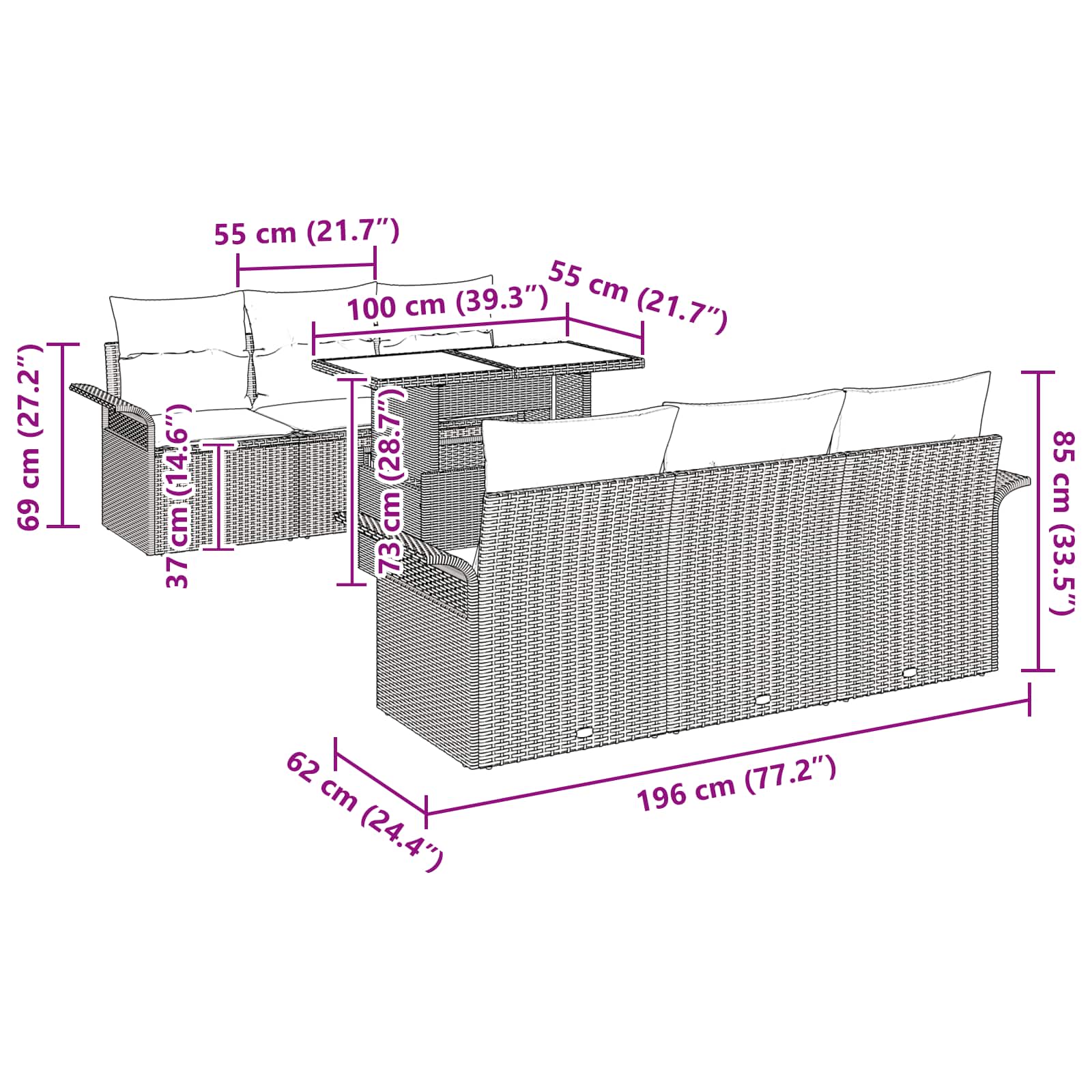 Conjunto de sofá de jardín 7 pcs Marrón ratán sintético